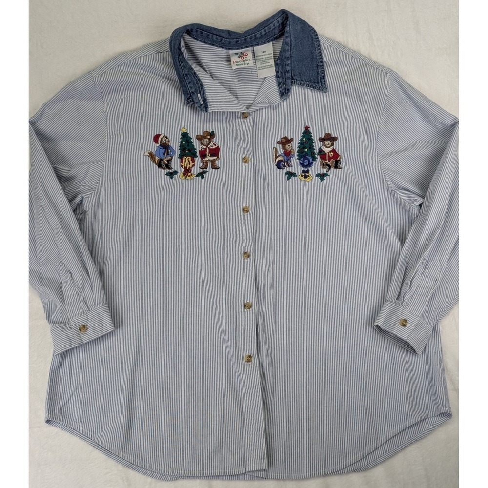 Vintage Denim Embroidered Cowboy Cats Shirt Women Size 24W Button Down Christmas